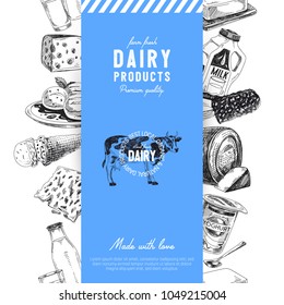 Beautiful vector hand drawn dairy products  Illustration. Detailed retro style background. Vintage sketch repeated background. Seamless border. Elements collection for design.