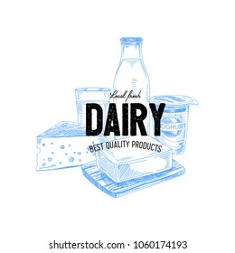 Beautiful vector hand drawn dairy products logo. Detailed retro style illustration. Vintage sketch for labels design.