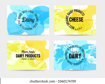 Beautiful vector hand drawn dairy products card set. Detailed trendy style backgrounds. Modern sketch elements collection for packaging design.