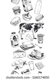 Beautiful vector hand drawn dairy products  Illustration. Detailed retro style background. Vintage sketch repeated background. Seamless border. Elements collection for design.