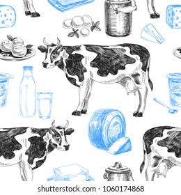 Beautiful vector hand drawn dairy products  seamless pattern. Detailed retro style images. Vintage sketch repeated background. Seamless pattern. Elements collection for design.