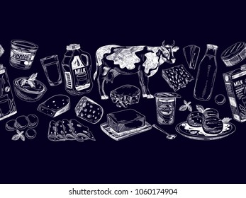 Beautiful vector hand drawn dairy products  Illustration. Detailed retro style background. Vintage sketch repeated background. Seamless border. Elements collection for design.