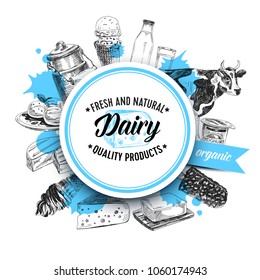 Beautiful vector hand drawn dairy products Illustration. Detailed retro style background. Vintage sketches for labels. Elements collection for design.