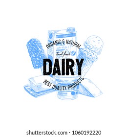 Beautiful vector hand drawn dairy products logo. Detailed retro style illustration. Vintage sketch for labels design.