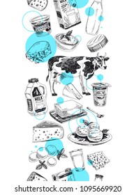 Beautiful vector hand drawn dairy products  Illustration. Detailed retro style background. Vintage sketch repeated background. Seamless border. Elements collection for design.