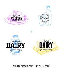 Beautiful vector hand drawn dairy products logos. Detailed retro style labels. Vintage sketches for logos. Elements collection for design.