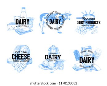 Beautiful vector hand drawn dairy products logos. Detailed retro style labels. Vintage sketches for logos. Elements collection for design.