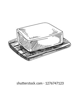 Beautiful vector hand drawn dairy Illustration. Detailed retro style a piece of butter image. Vintage sketch element for labels, packaging and cards design. Modern background.