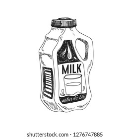 Beautiful vector hand drawn dairy Illustration. Detailed retro style Milk in a plastic container image. Vintage sketch element for labels, packaging and cards design. Modern background.