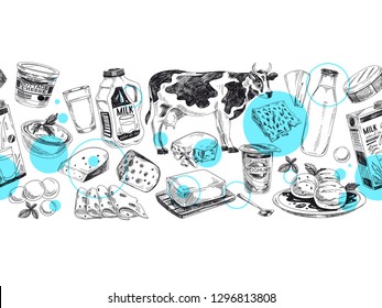 Beautiful vector hand drawn dairy products  Illustration. Detailed retro style background. Vintage sketch repeated background. Seamless border. Elements collection for design.