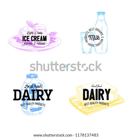 Beautiful vector hand drawn dairy products logos. Detailed retro style labels. Vintage sketches for logos. Elements collection for design.