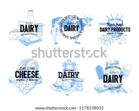 Beautiful vector hand drawn dairy products logos. Detailed retro style labels. Vintage sketches for logos. Elements collection for design.