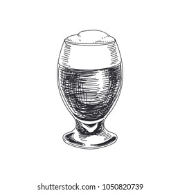 Beautiful vector hand drawn dark beer in a glass Illustration. Detailed retro style images. Vintage sketch element for labels and cards design.