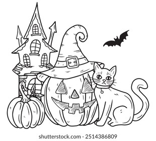 Beautiful vector hand drawn decoration for Halloween with haunted house, castle, carved pumpkin with face and witch hat and cat sitting. Sketch illustration in doodle engraved vintage line art style