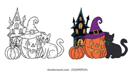 Hermosa decoración dibujada a mano de Vector para Halloween con casa encantada, castillo, calabaza tallada con cara y sombrero de bruja violeta, gato negro sentado. Dibujo ilustración doodle grabado vintage line art