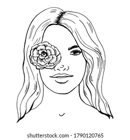 Beautiful vector hand drawn, doodle illustration. Woman with flower on eye. Fashion illustration. The girl with long wavy hair. Design for a tattoo, print, magazine, article, coloring book