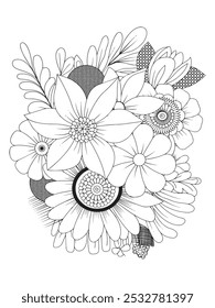 
Beautiful vector hand drawn doodle with flowers for adult coloring book page