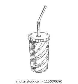 Beautiful vector hand drawn drinks mug with straw Illustration. Detailed retro style image. Vintage sketch element for labels, packaging and cards design. Modern background.