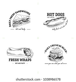 Beautiful vector hand drawn fast fod illustrations. Detailed retro style labels. Vintage sketches for logos. Elements collection for design.