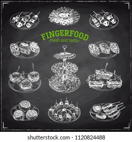 Beautiful vector hand drawn finger food Illustrations. Detailed retro style images. Vintage sketch elements for labels, packaging and cards design. Modern background. Chalkboard