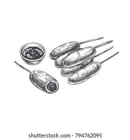Beautiful vector hand drawn finger food Illustration. Corn Dogs. Detailed retro style images. Vintage sketch element for labels and cards design.