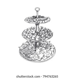 Beautiful vector hand drawn finger food illustration. Etagere with cheese, chips and grapes. Detailed retro style images. Vintage sketch element for labels and cards design.  