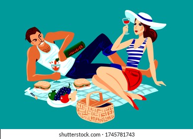 Hermosa ilustración plana de vectores de pareja amorosa disfrutando de vacaciones de verano y almuerzo al aire libre. Comida y vino. Cesta de picnic.