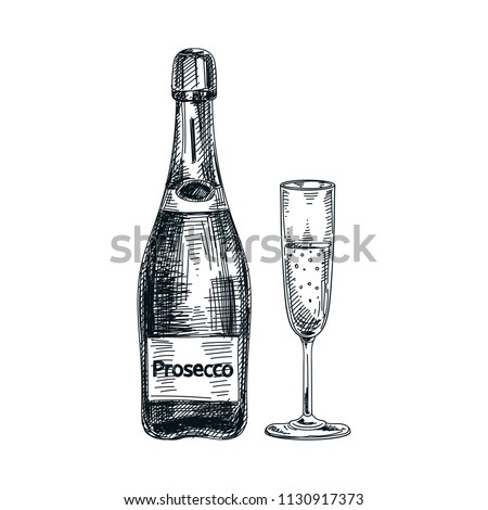 Beautiful vector hand drawn glass and bottle of wine Illustration. Detailed retro style image. Vintage sketch element for labels, packaging and cards design. Modern background.