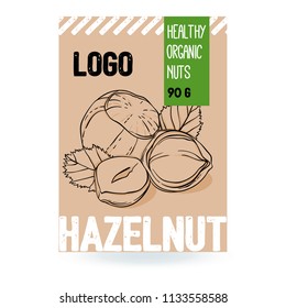 Beautiful vector hand drawn hazelnut organic nut. Template elements collection for packaging design. Modern illustrations isolated on white background.
