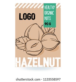 Beautiful vector hand drawn hazelnut organic nut. Template elements collection for packaging design. Modern illustrations isolated on white background.