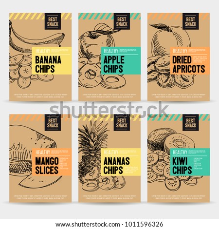 Beautiful vector hand drawn healthy snack card set. Detailed trendy style images. Modern sketch elements collection for packaging design.