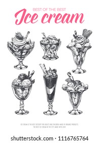 Beautiful vector hand drawn ice cream in glass cup Illustrations set. Detailed retro style images. Vintage sketch element for labels, packaging and cards design. Modern chalkboard background.