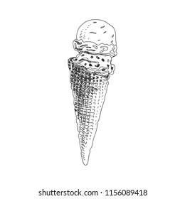Beautiful vector hand drawn ice cream in waffle croissant Illustration. Detailed retro style image. Vintage sketch element for labels, packaging and cards design. Modern background.