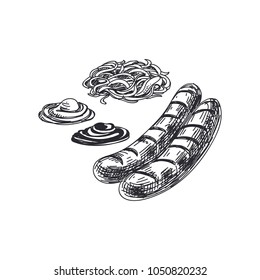 Schöne, handgezeichnete Vektorgrafik. Detaillierte Grillwürste im Retro-Stil mit Senf- und Ketschup-Bild. Vintage Sketch Element für Etiketten und Karten Design.