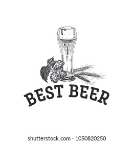 Beautiful vector hand drawn Illustration. Detailed retro style beer logo with a glass of beer. Vintage sketch element for labels and cards design.