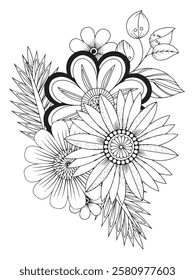 Beautiful vector hand drawn illustration with flowers and leaves. Line art design for coloring book. Forest flowers and leaves. Beautiful bouquet. Vector coloring book for adults and children.