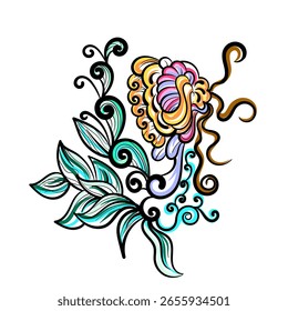 Hermosa ilustración dibujada a mano de Vector con flores abstractas, hojas y rizos.