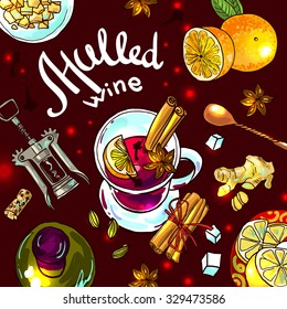 Beautiful vector hand drawn illustration mulled wine top view. 