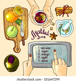 Beautiful vector hand drawn illustration mulled recipe. 