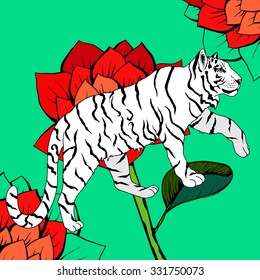 Beautiful vector hand drawn illustration. Tiger and lotus