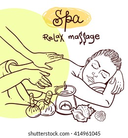 Beautiful vector hand drawn illustration massage. Spa woman gets relax spa massage.