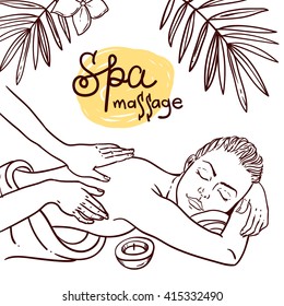 Beautiful vector hand drawn illustration massage. Spa woman gets relax spa massage.