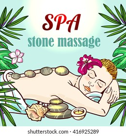 Beautiful vector hand drawn illustration massage. Spa woman gets relax spa massage. Stone massage.