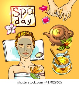 Beautiful vector hand drawn illustration spa. Spa woman gets relax with honey.