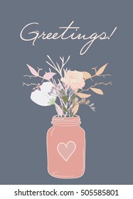 Beautiful vector hand drawn illustration featuring bouquet of flowers such as rose, tulip and other floral elements. 