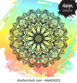 Beautiful vector hand drawn Indian ornament mandala on grunge background in watercolor style. Can be used to print on the phone, to create a poster, tattoo, yoga Mat.