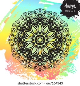 Beautiful vector hand drawn Indian ornament mandala on grunge background in watercolor style. Can be used to print on the phone, to create a poster, tattoo, yoga Mat.