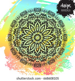 Beautiful vector hand drawn Indian ornament mandala on grunge background in watercolor style. Can be used to print on the phone, to create a poster, tattoo, yoga Mat.