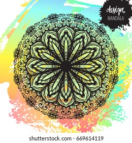 Beautiful vector hand drawn Indian ornament mandala on grunge background in watercolor style. Can be used to print on the phone, to create a poster, tattoo, yoga Mat.