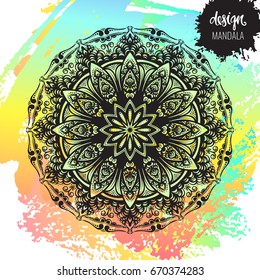 Beautiful vector hand drawn Indian ornament mandala on grunge background in watercolor style. Can be used to print on the phone, to create a poster, tattoo, yoga Mat.